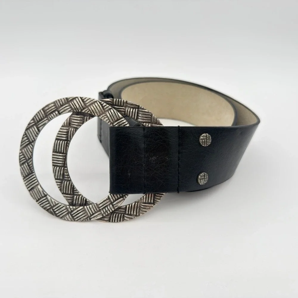 Chico's Black Wide Adjustable Belt Silver Double Ring Statement Buckle ML